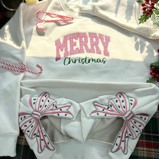 Coquette Pink Gilter Merry Christmas Side Bow Embroidered Sweatshirt Coqueete Christmas Embroidered Hoodie 0 512x512 3.jpg