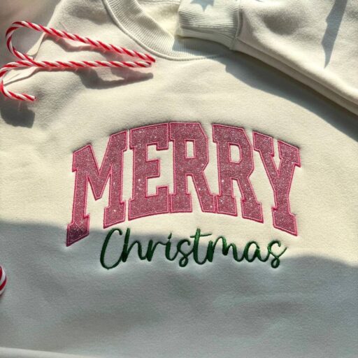 Coquette Pink Gilter Merry Christmas Side Bow Embroidered Sweatshirt Coqueete Christmas Embroidered Hoodie 3 512x512 3.jpg